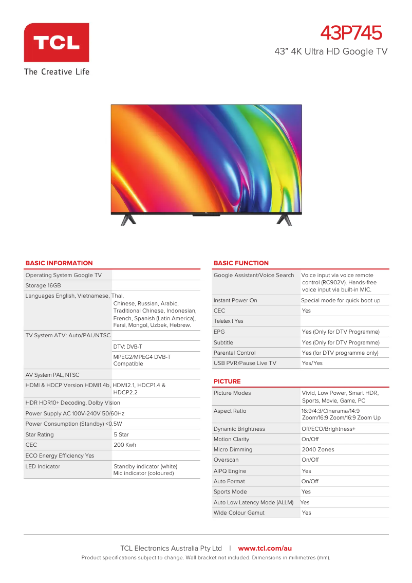 Página 1 del manual Ficha técnica TCL 43P745