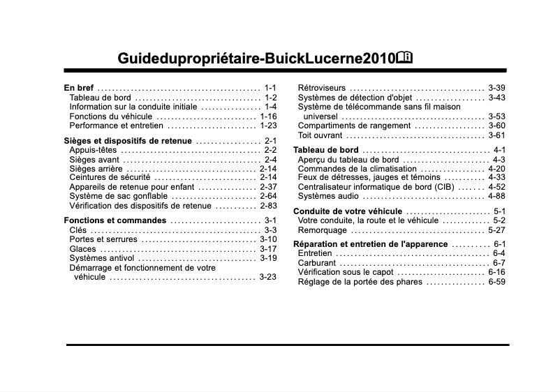 Page 1 de la notice Manuel utilisateur Buick Lucerne (2010)