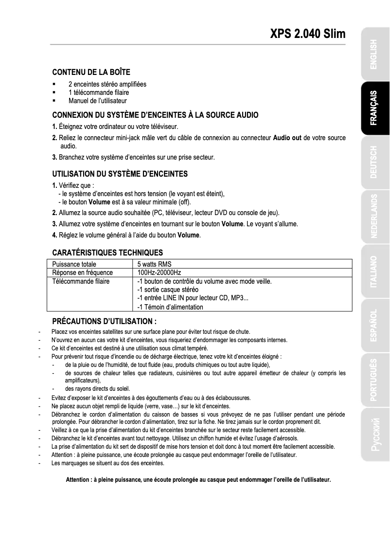 Page 1 de la notice Manuel utilisateur Hercules XPS 2.0 40 Slim