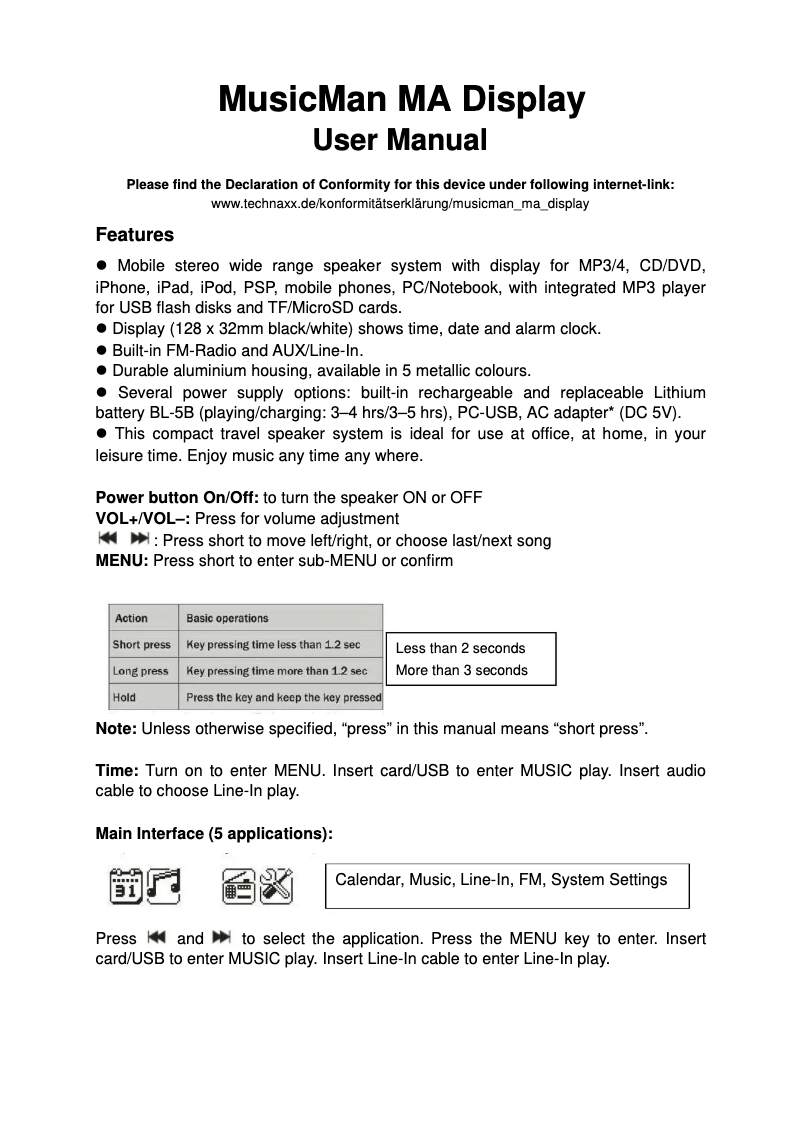 Page 1 de la notice Manuel utilisateur Technaxx MusicMan MA Display