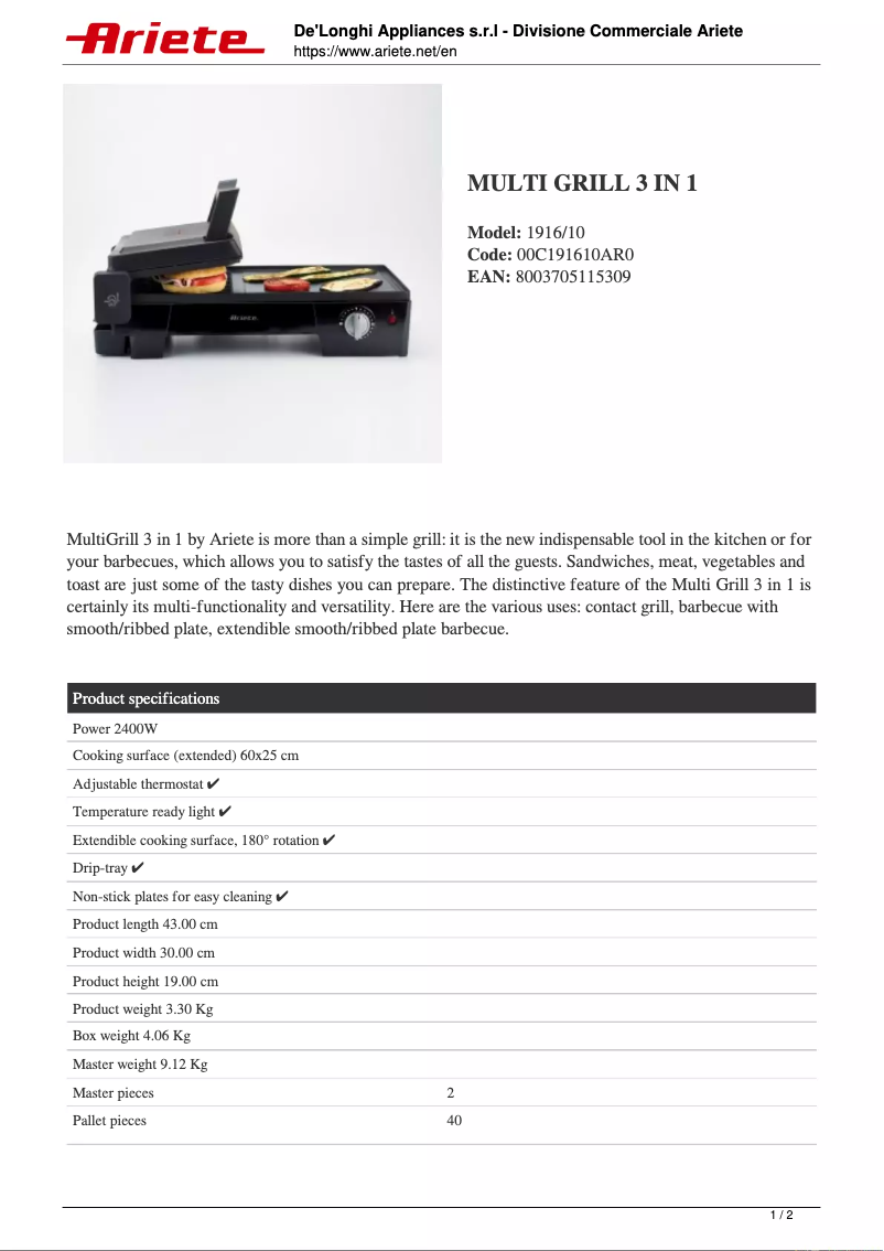 Page 1 de la notice Fiche technique Ariete 1916