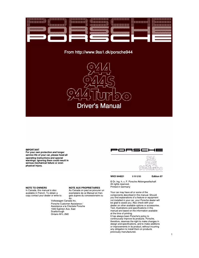 Page 1 de la notice Manuel utilisateur Porsche 944 S (1987)