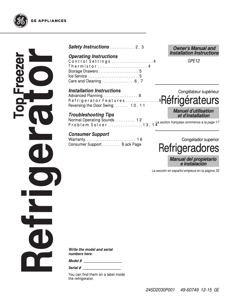 Page n°1 - Manuel utilisateur GE GPE12FGKWW