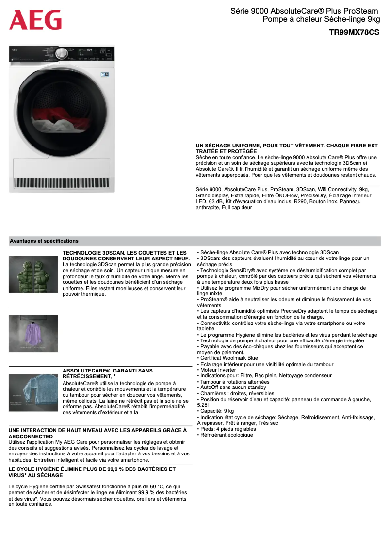 Page 1 de la notice Fiche technique AEG TR99MX78CS