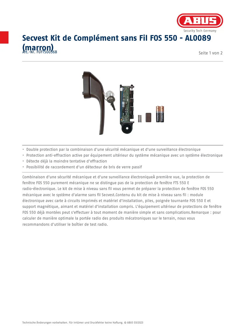 Página 1 del manual Ficha técnica Abus FUFT50036B