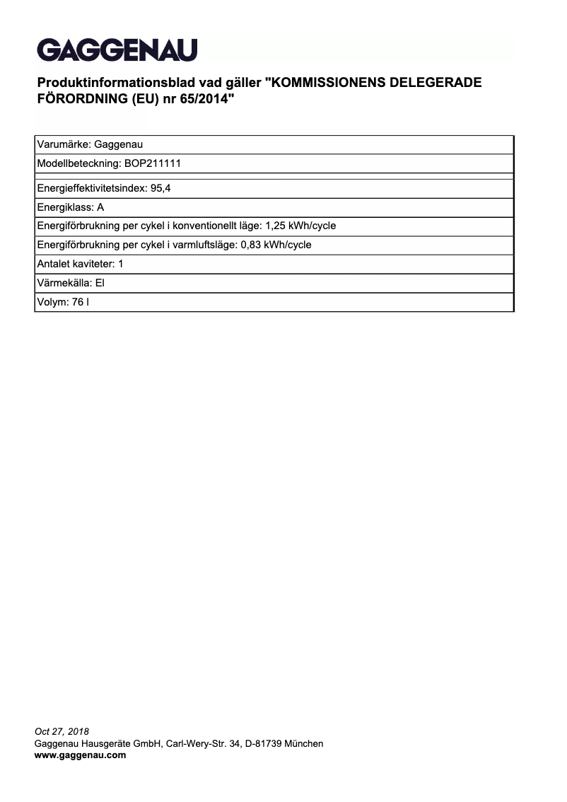 Page 1 de la notice Fiche technique Gaggenau BOP211111