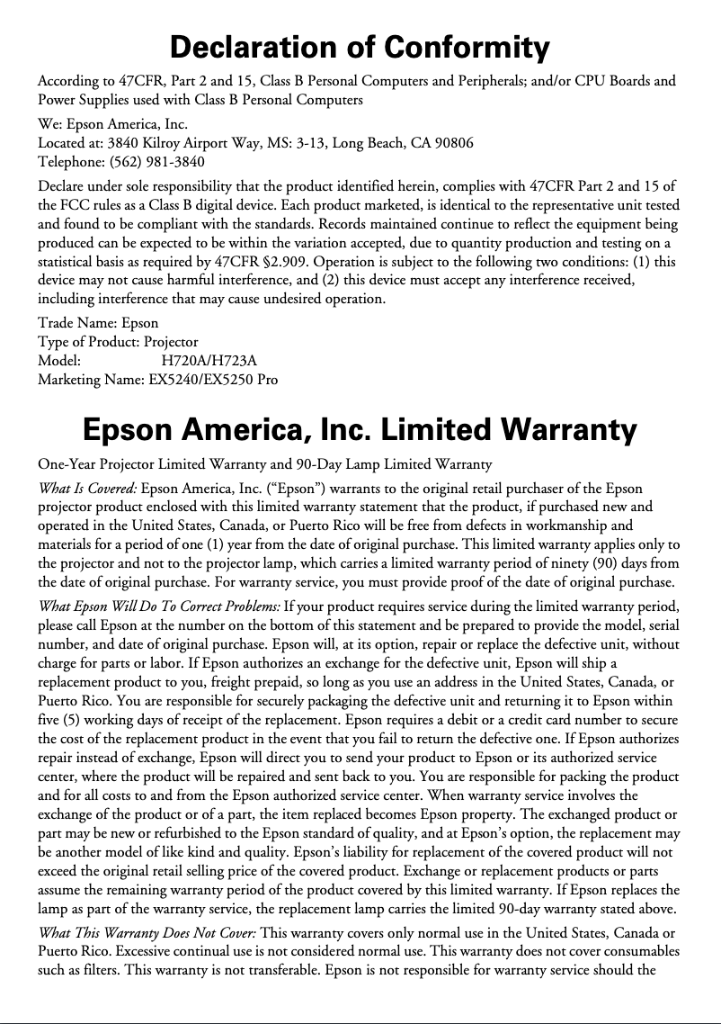 Página 1 del manual Información de garantía Epson EX5250 Pro