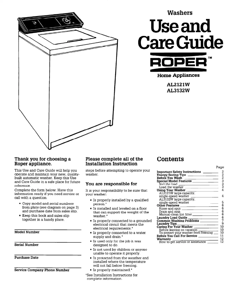 Página 1 del manual Manual de usuario Roper AL2121WW1