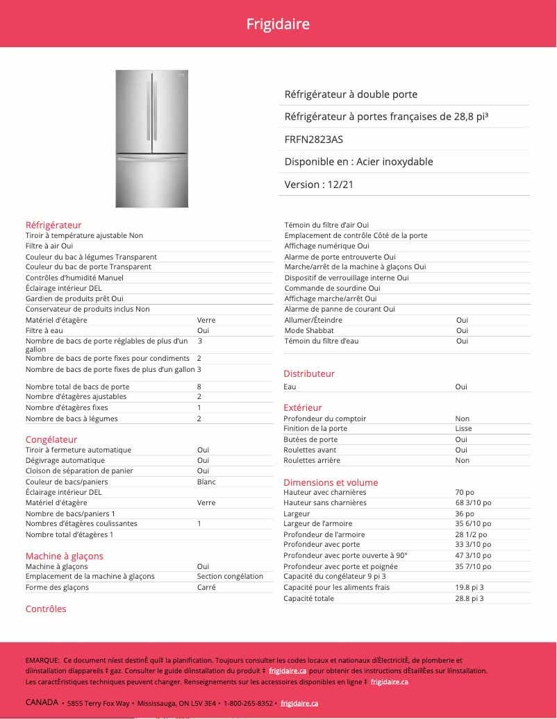 Page 1 de la notice Fiche technique Frigidaire FRFN2823AS