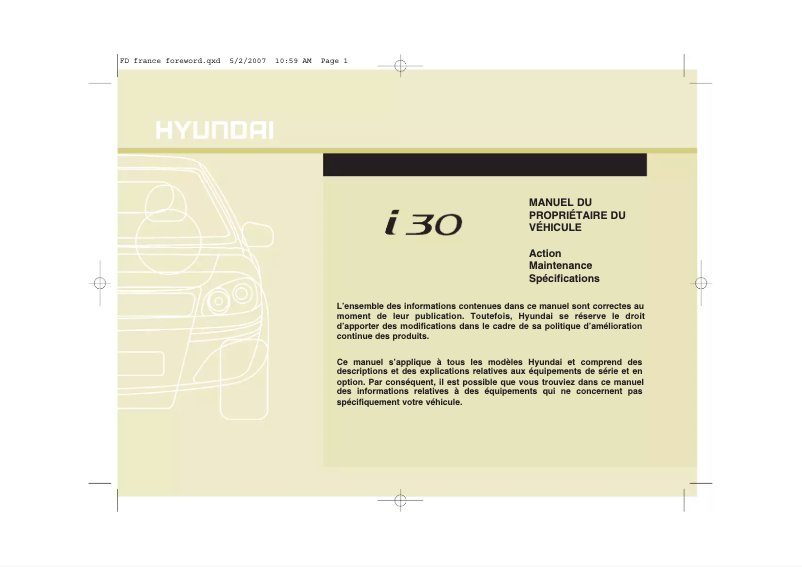 Page 1 de la notice Manuel utilisateur Hyundai i30 (2008)