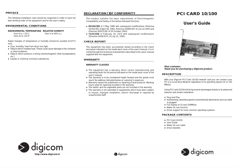 Page 1 de la notice Manuel utilisateur Digicom PCI LAN 10-100