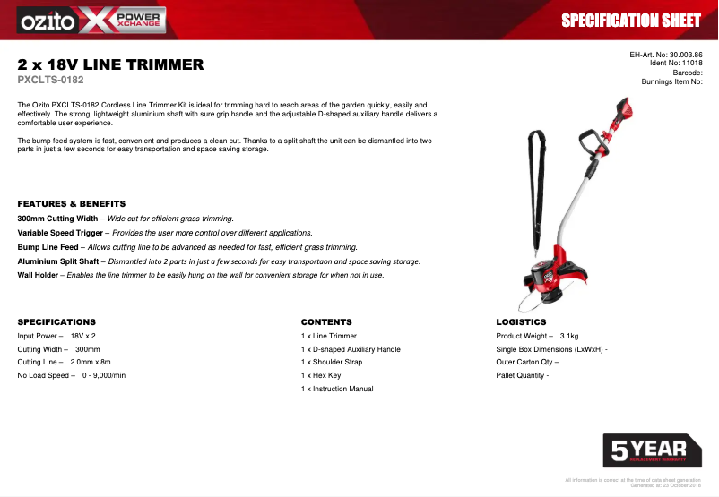 Page 1 de la notice Fiche technique Ozito PXCLTS-0182