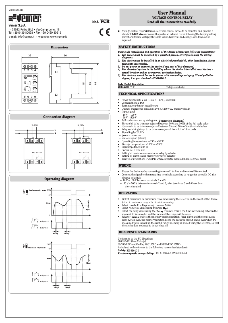 Page 1 de la notice Manuel utilisateur Vemer VCR