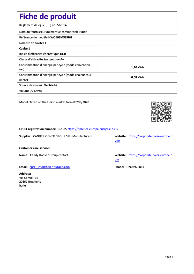 Page 1 of the manual Technical Sheet Haier HWO60SM5S9BH
