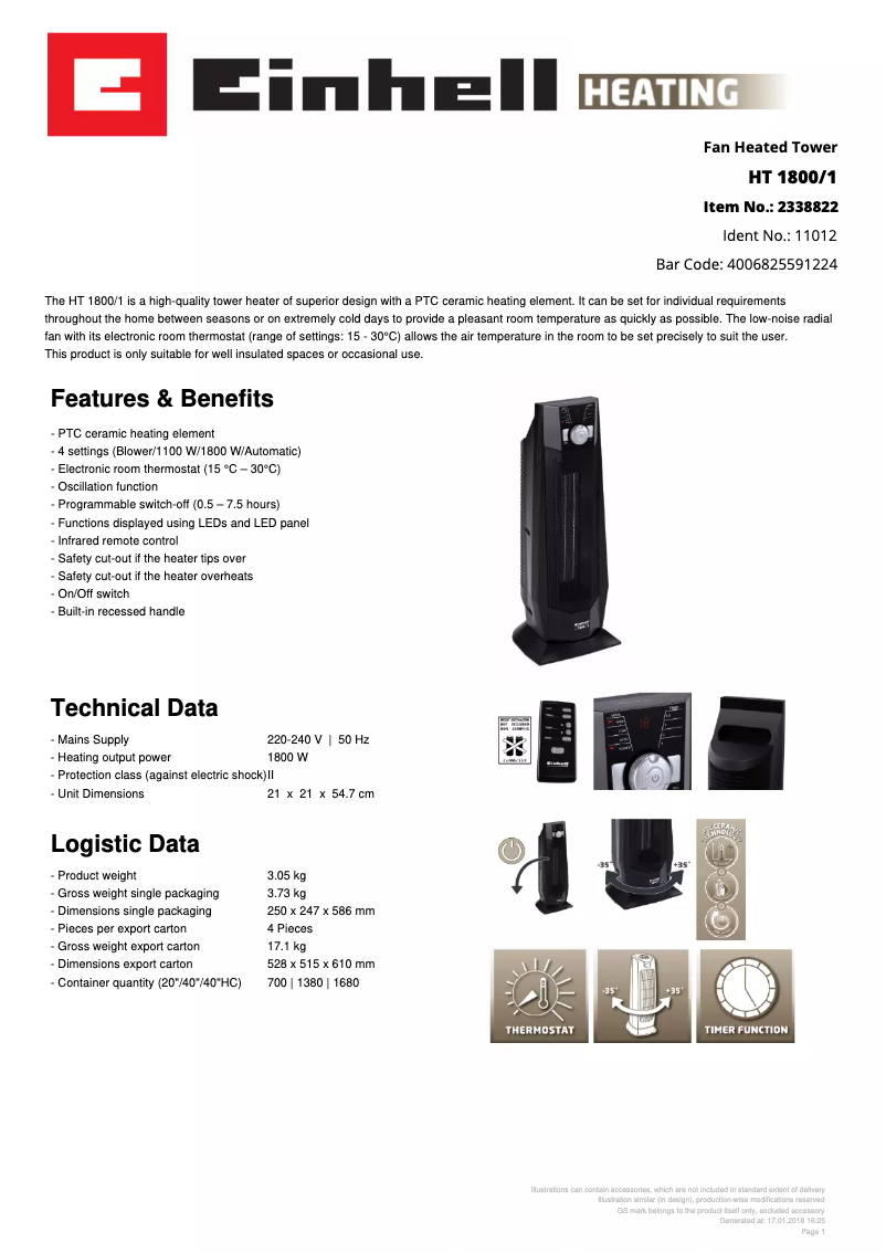 Page 1 de la notice Fiche technique Einhell HT 1800/1