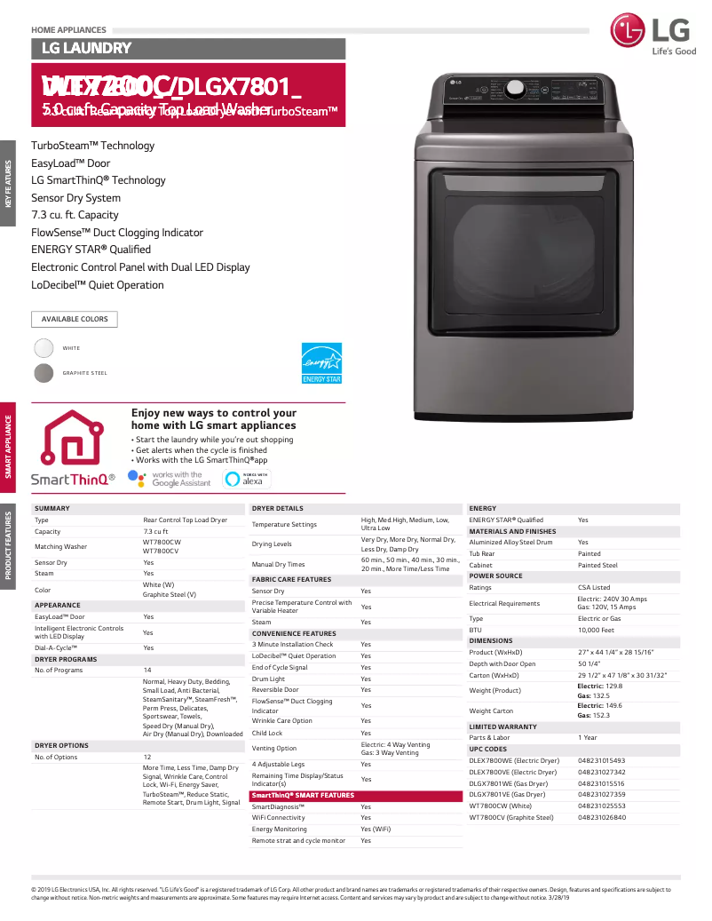 Page 1 of the manual Technical Sheet LG DLEX7800VE
