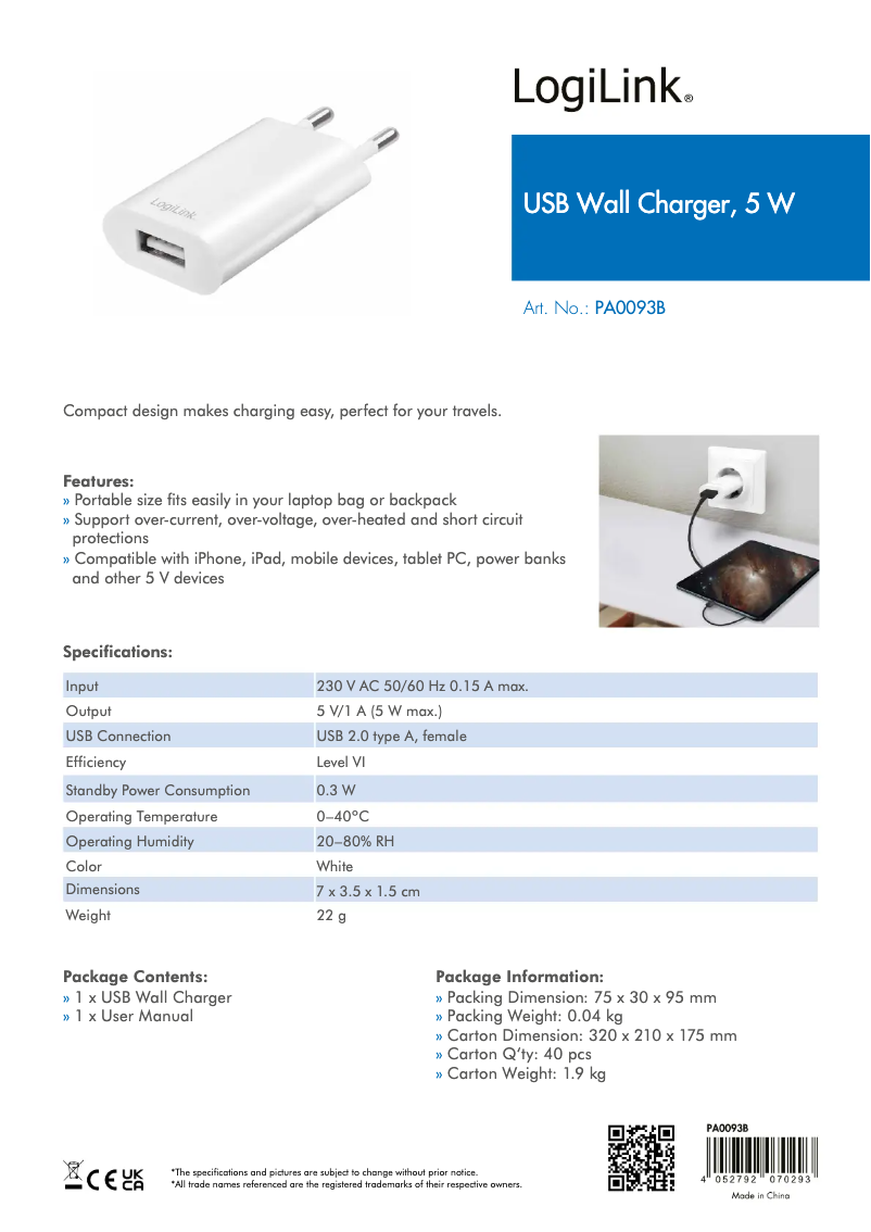 Page 1 de la notice Manuel utilisateur LogiLink PA0093B