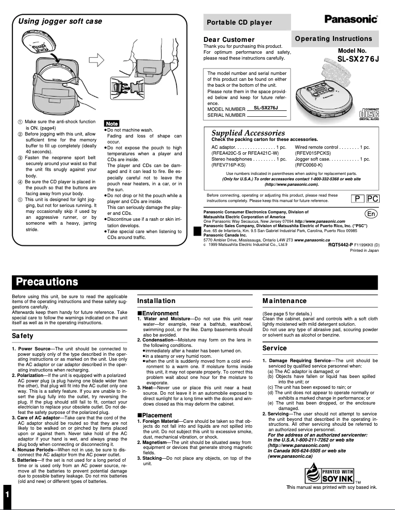 Page 1 de la notice Manuel utilisateur Panasonic SL-SX276J