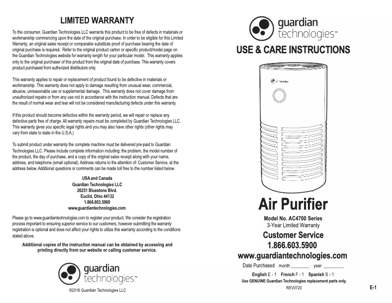 Page 1 de la notice Manuel utilisateur Guardian AC4711