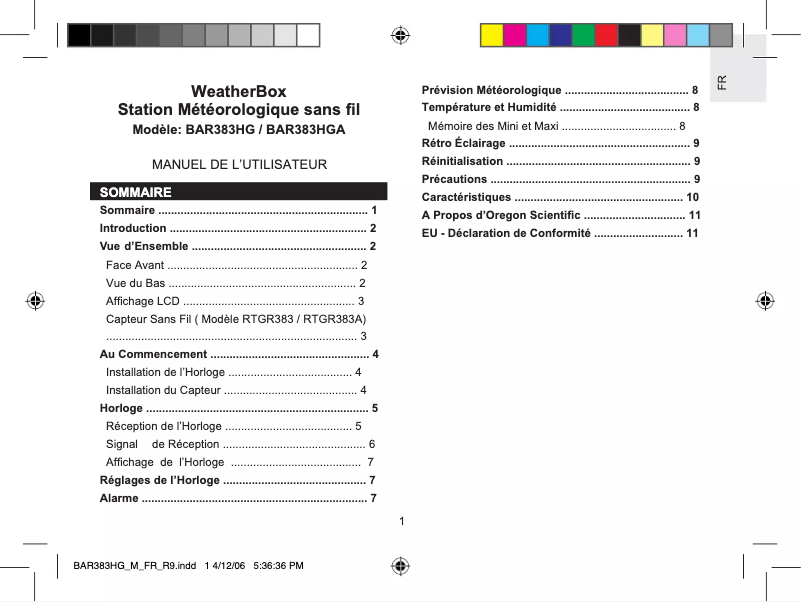 Page 1 de la notice Manuel utilisateur Oregon Scientific BAR383HGA
