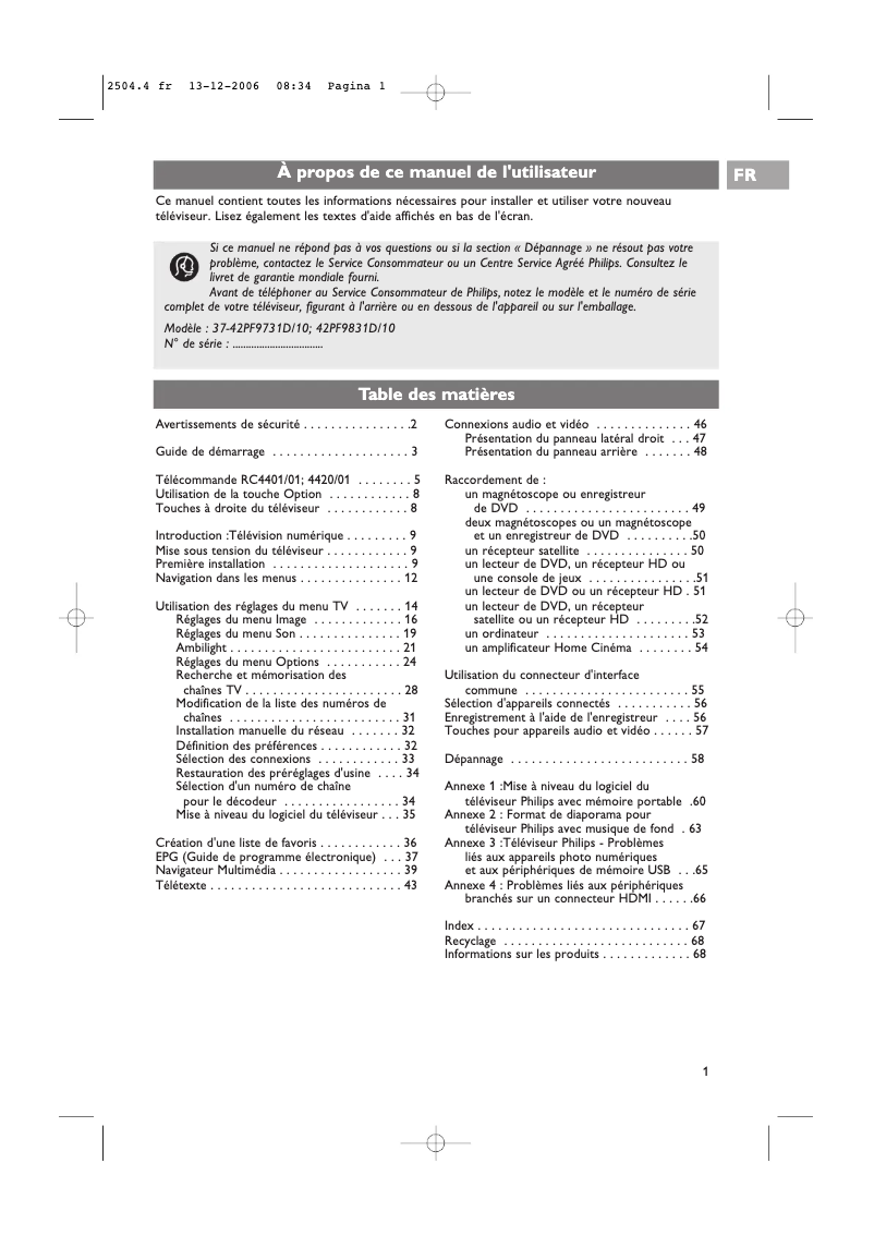 Page n°1 - Manuel utilisateur Philips 42PF9831D