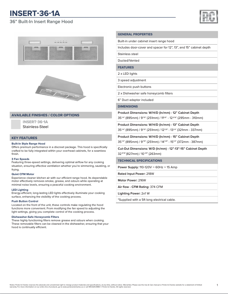 Page 1 de la notice Fiche technique Porter & Charles INSERT-36-1A