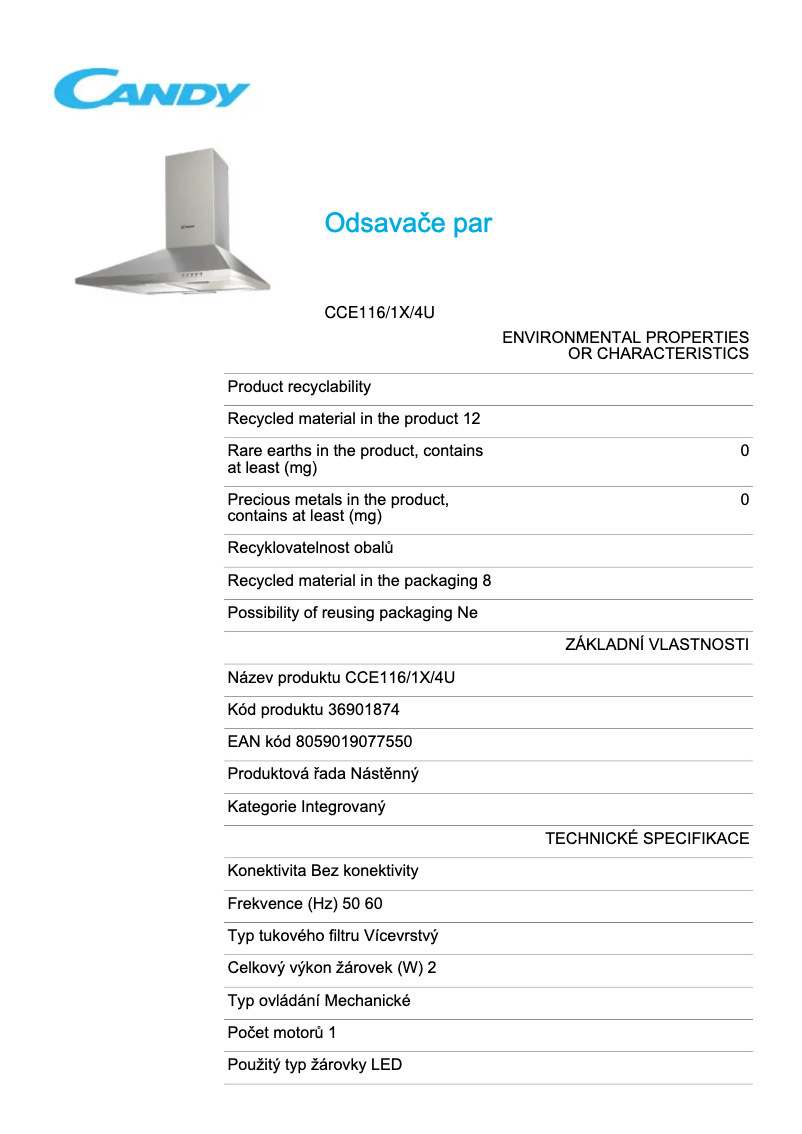 Page 1 de la notice Fiche technique Candy CCE116/1X/4U