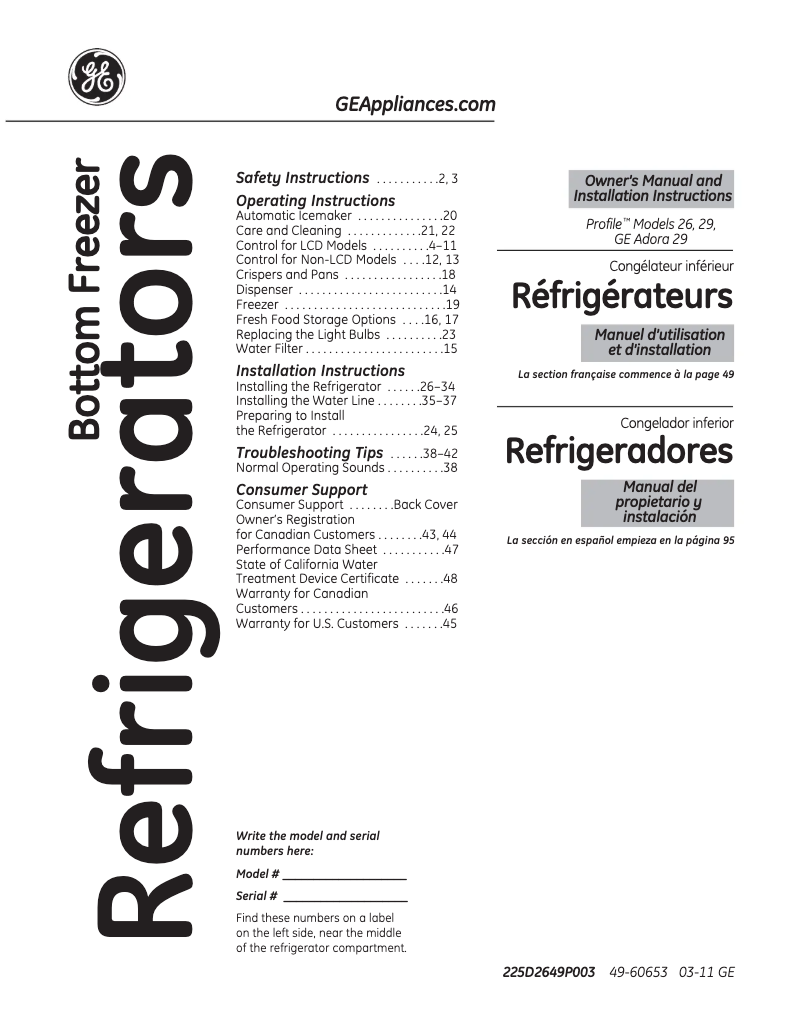 Page 1 de la notice Manuel d'utilisation et d'entretien GE Profile PFSS9SKYSS