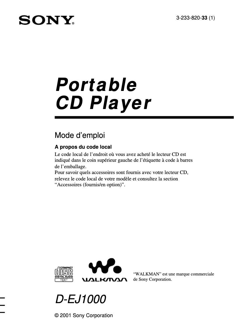 Page 1 de la notice Manuel utilisateur Sony D-EJ1000