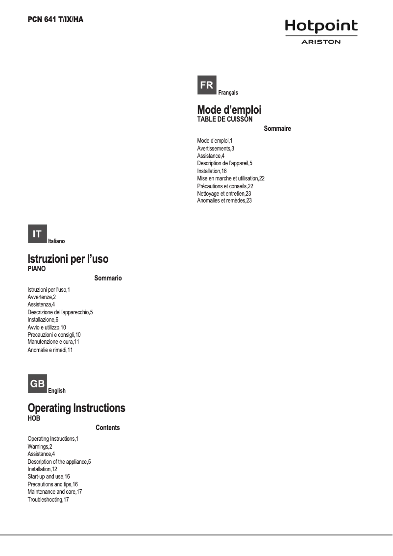 Página 1 del manual Manual de usuario Hotpoint Ariston PCN 641 T/IX/HA