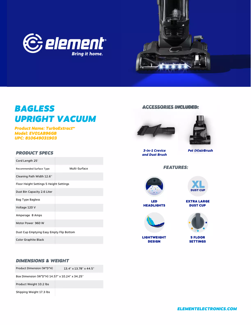 Page 1 de la notice Fiche technique Element EV01AB96GB