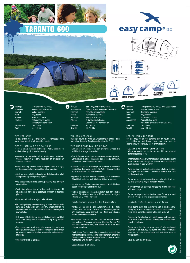 Page 1 de la notice Manuel utilisateur Easy Camp Taranto 600