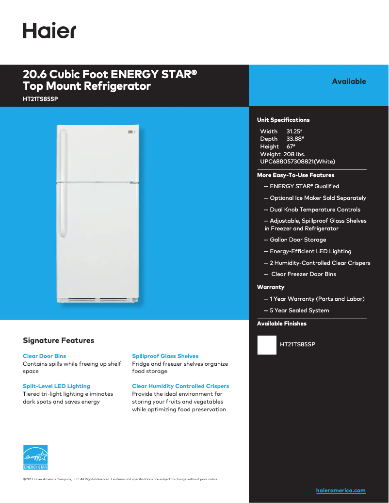 Page 1 de la notice Fiche technique Haier HT21TS85SP