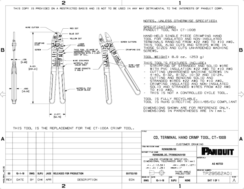 Page 1 of the manual Technical Drawing Panduit CT-100B