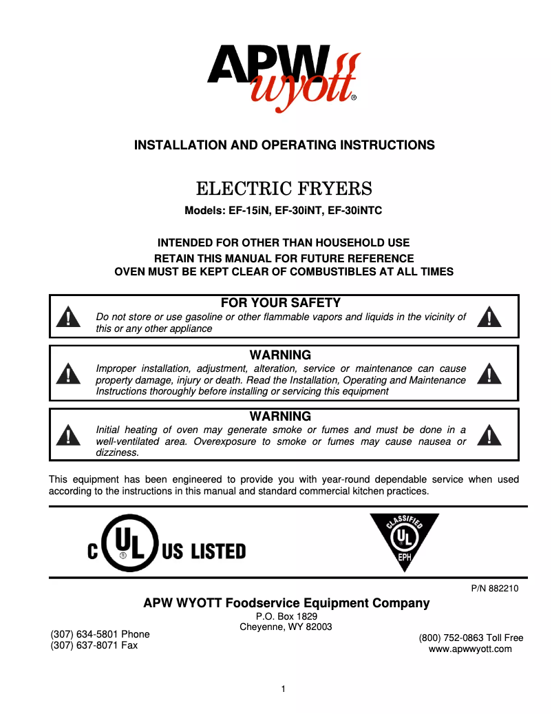 Page 1 de la notice Manuel utilisateur APW Wyott EF-30iNT