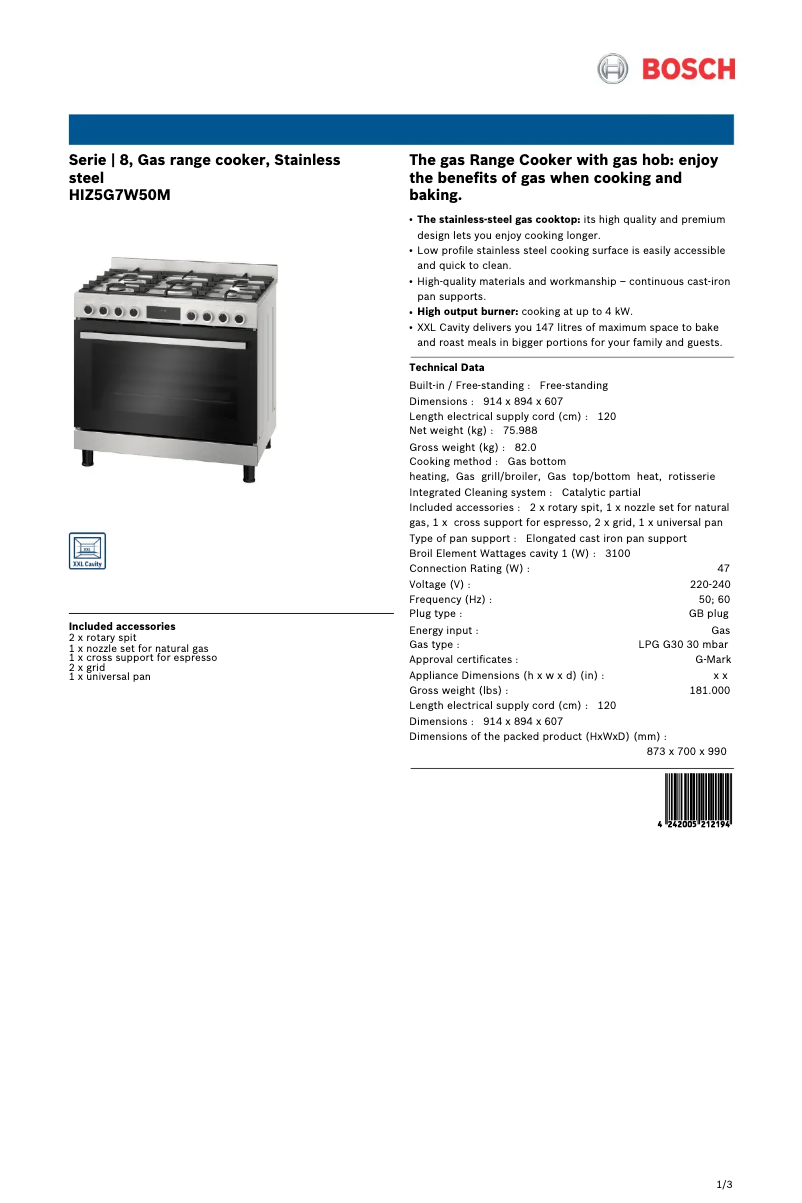 Page 1 of the manual Technical Sheet Bosch HIZ5G7W50M
