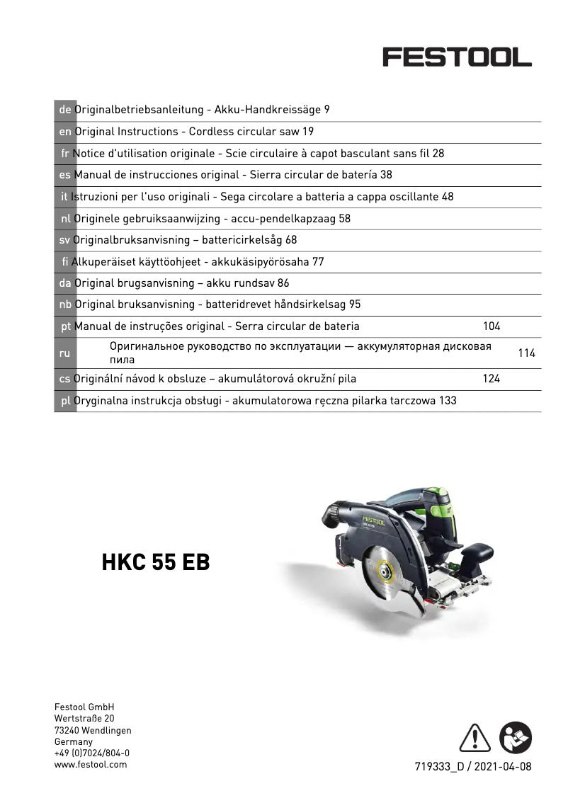 Page 1 de la notice Manuel utilisateur Festool HKC 55 5,2 EBI-Plus-SCA