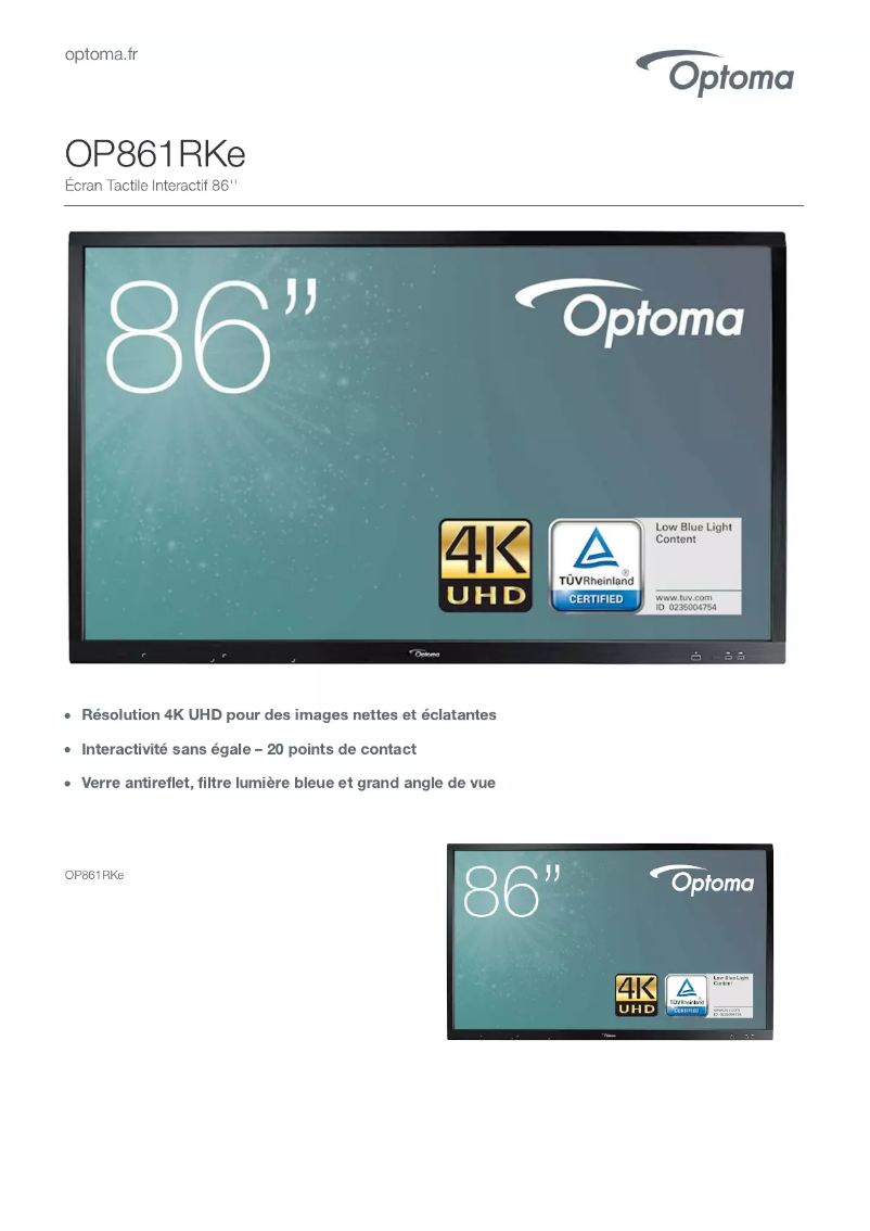 Page 1 de la notice Fiche technique Optoma OP861RKe