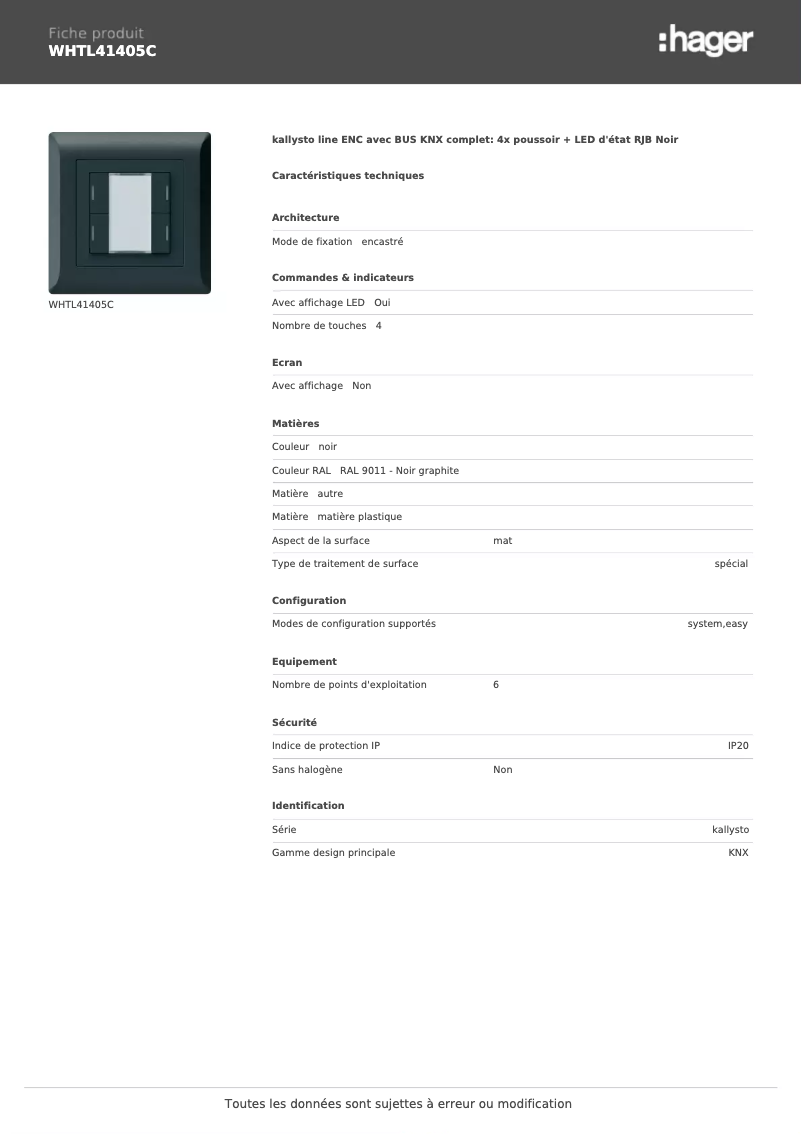 Page 1 de la notice Fiche technique Hager WHTL41405C