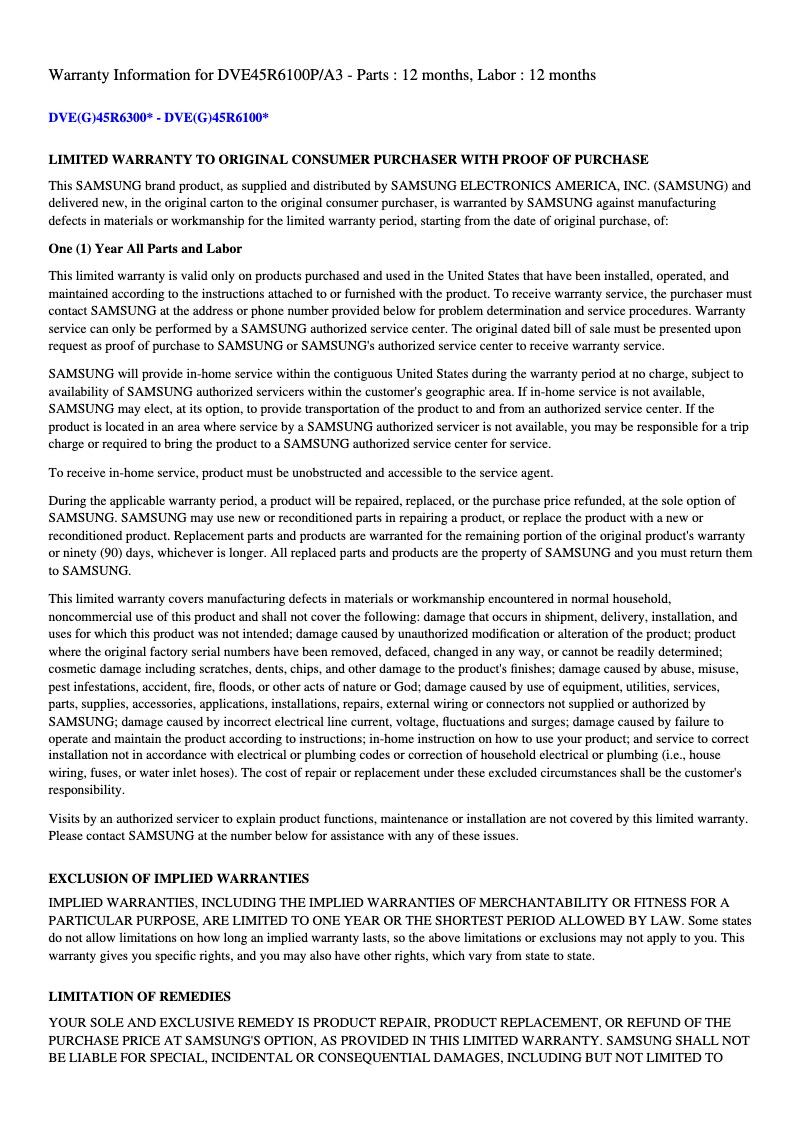 Página 1 del manual Información de garantía Samsung DVE45R6100P