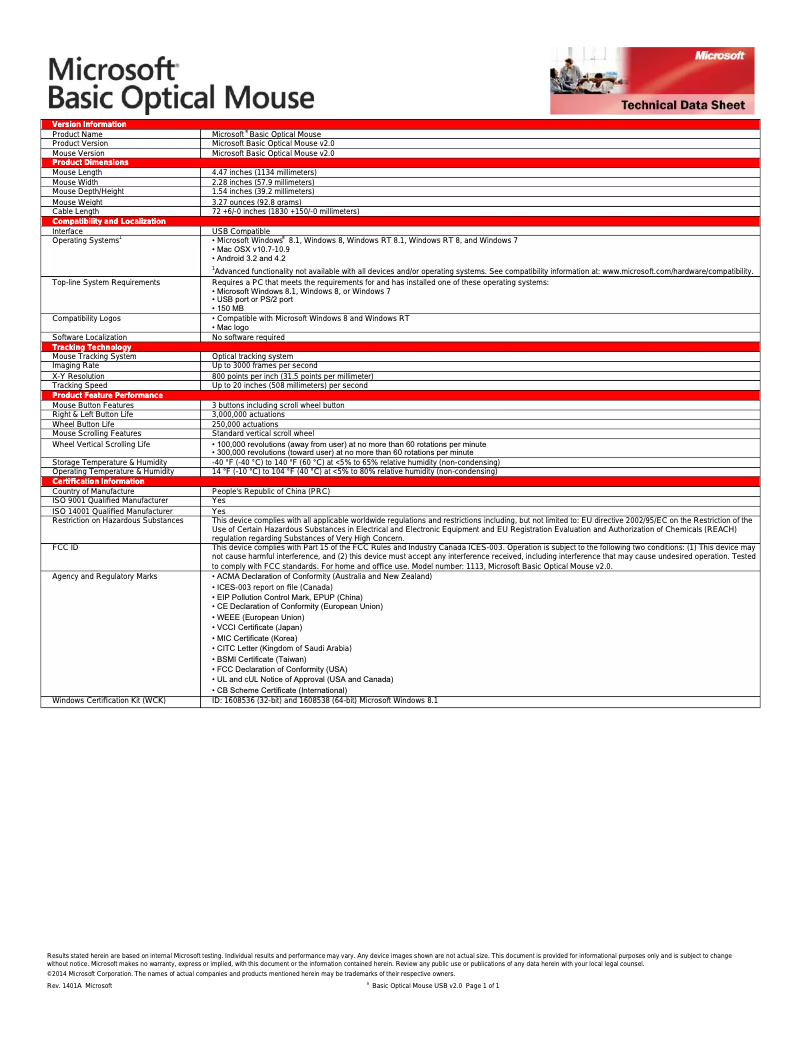 Page 1 de la notice Manuel utilisateur Microsoft Basic Optical Mouse