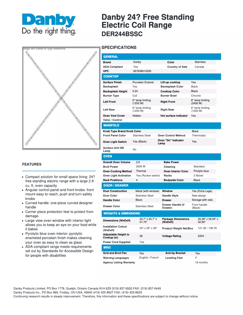 Page 1 de la notice Fiche technique Danby DER244BSSC