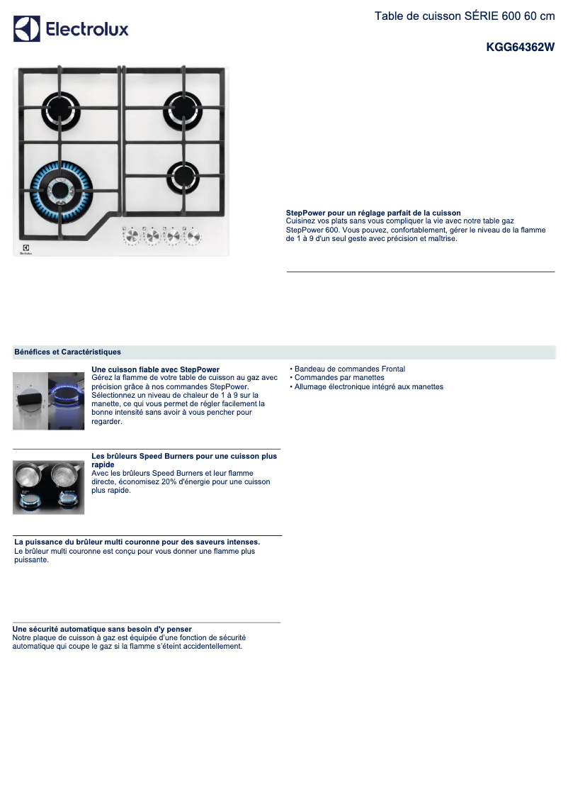 Page 1 de la notice Fiche technique Electrolux KGG64362W