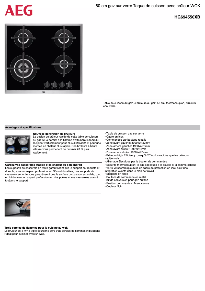 Page 1 de la notice Fiche technique AEG HG694550XB