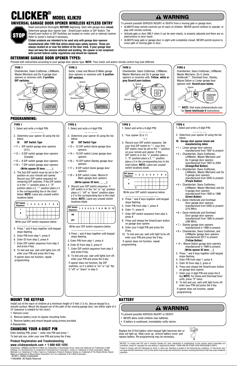 Page 1 de la notice Manuel utilisateur Chamberlain KLIK2U