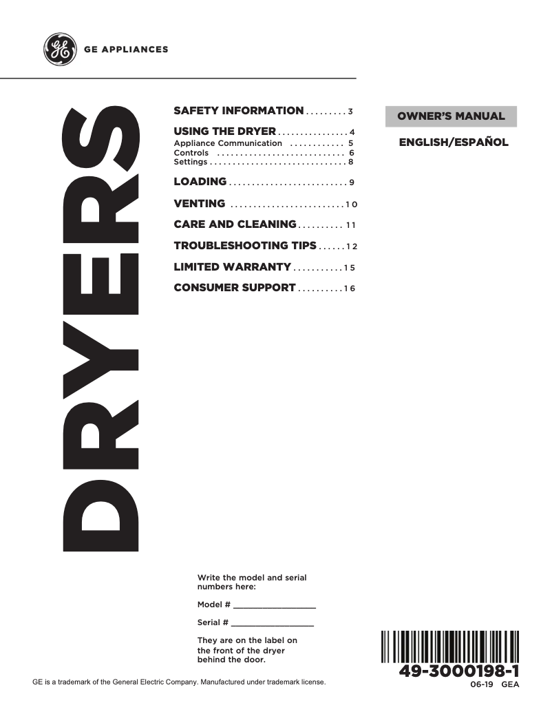 Page 1 of the manual Use and Maintenance Manual GE GTD72EBSNWS