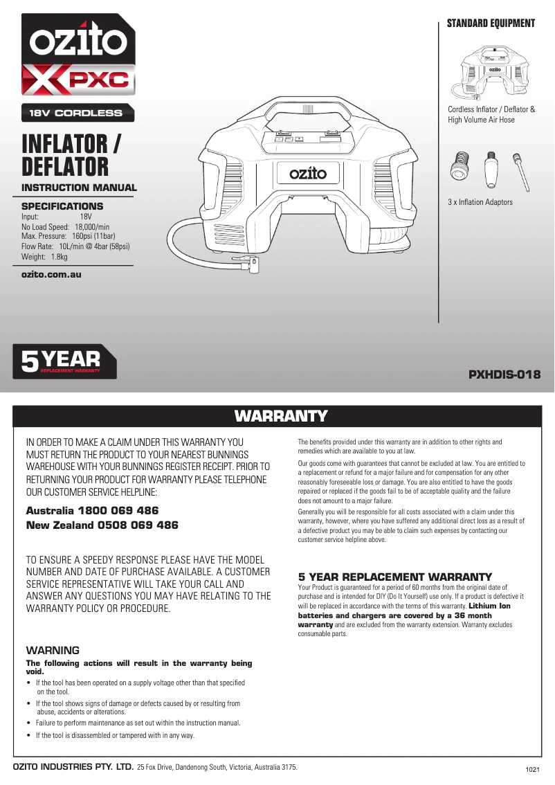 Page 1 de la notice Manuel utilisateur Ozito PXHDIS-018