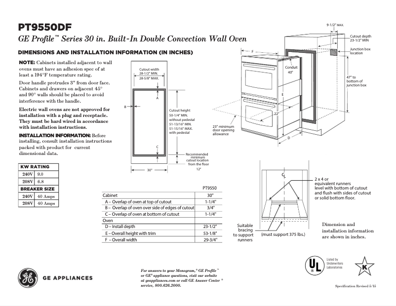 Página 1 del manual Ficha técnica GE PT9550DFBB