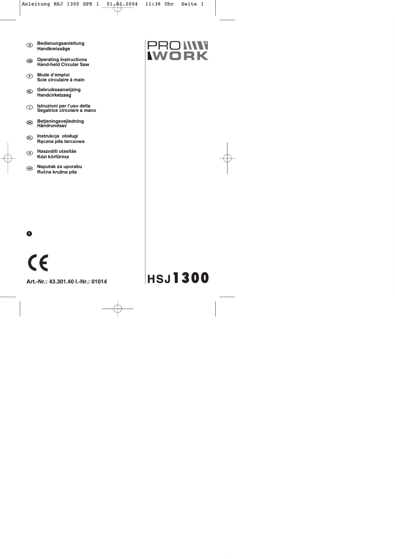 Page 1 de la notice Manuel utilisateur Prowork HSJ 1300