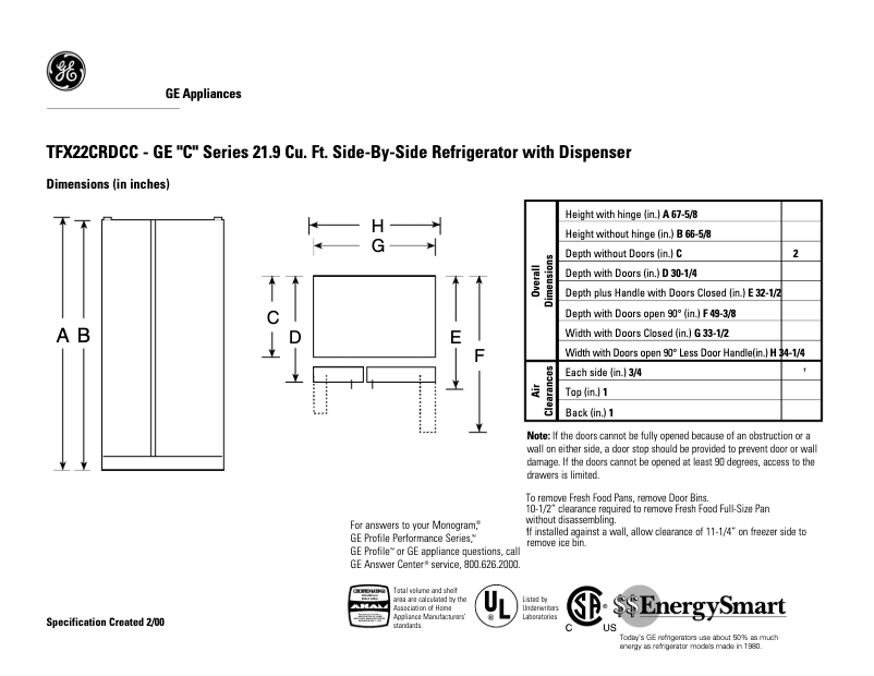 Page 1 of the manual Technical Sheet GE TFX22CRDCC